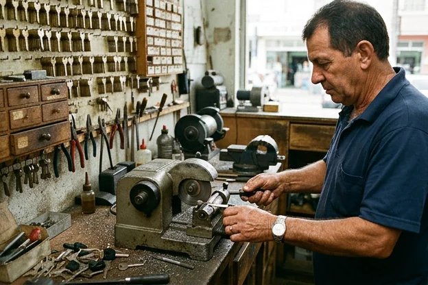 Chaveiro na ação de copiar chaves com precisão.