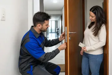 Chaveiro realizando a abertura de uma porta utilizando ferramentas especializadas.