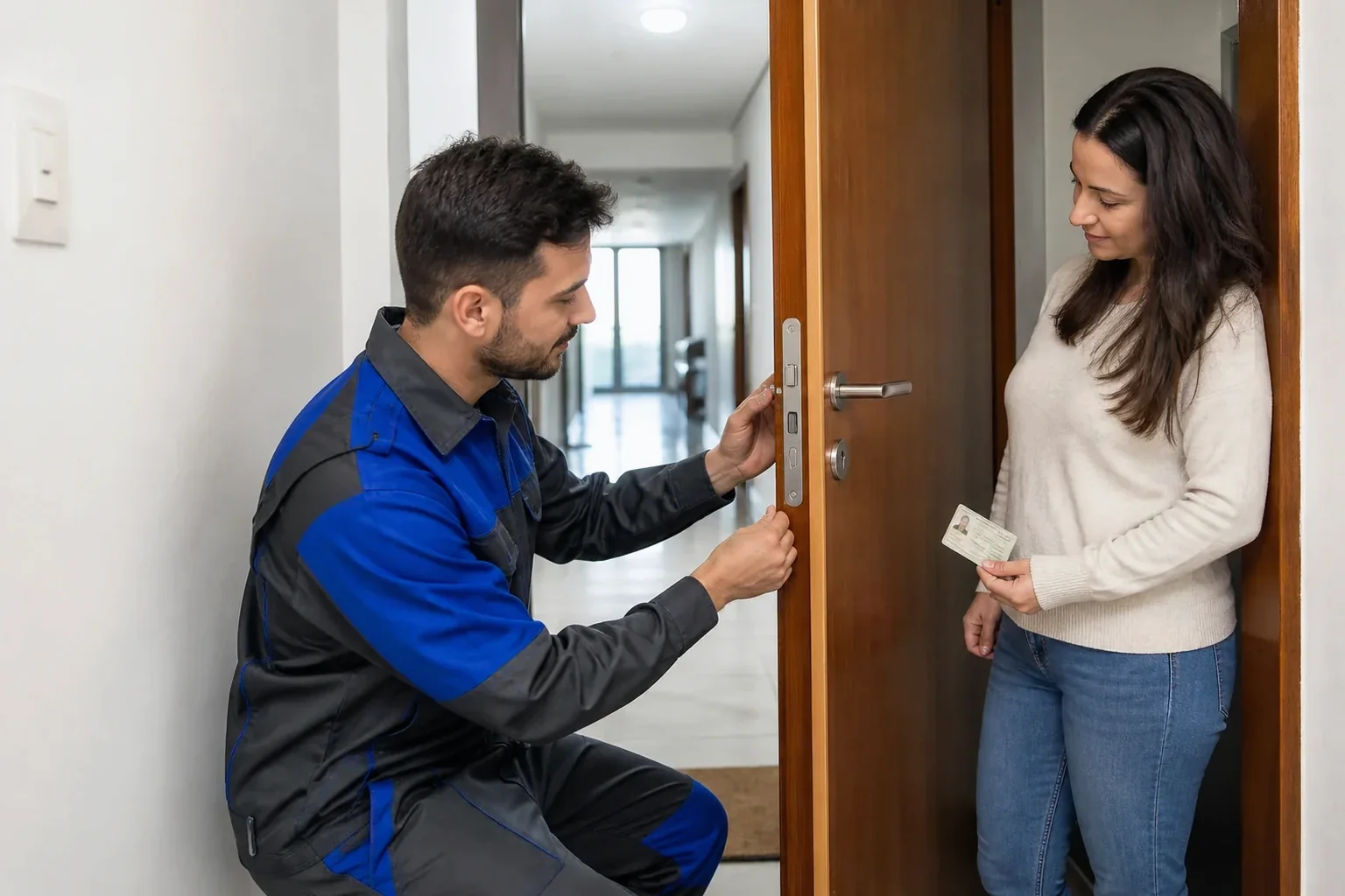 Chaveiro realizando a abertura de uma porta utilizando ferramentas especializadas.